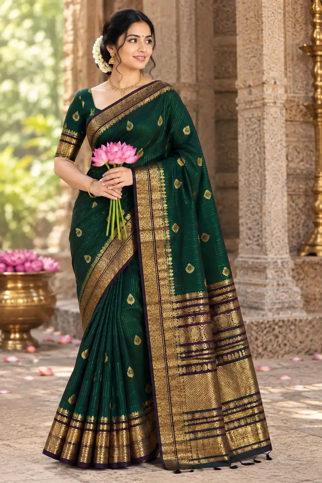 Dark Bottle Green Kanchipuram Silk Sarees